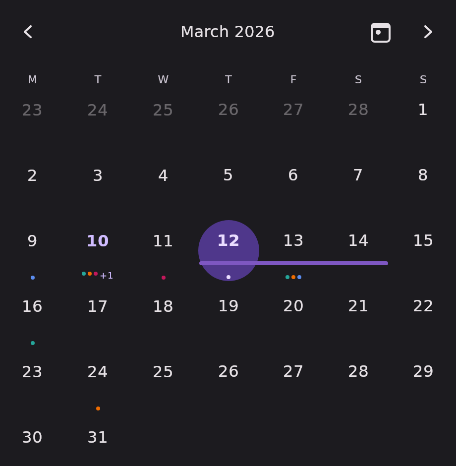 The full month grid for March 2026. Thursday the 12th is selected and filled with a circle, the trailing days of February are dimmed in the first row, and event dots sit under the busy days — the 10th and the 13th each show three coloured dots followed by a "+1" badge for the events beyond the indicator cap.
