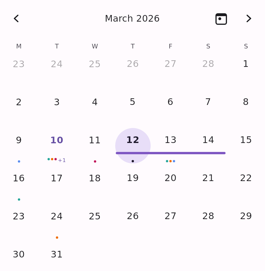 The full month grid for March 2026. Thursday the 12th is selected and filled with a circle, the trailing days of February are dimmed in the first row, and event dots sit under the busy days — the 10th and the 13th each show three coloured dots followed by a "+1" badge for the events beyond the indicator cap.