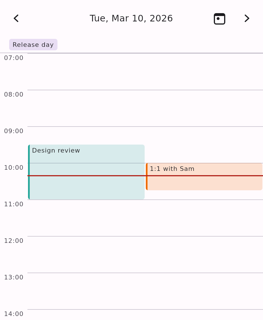 The day grid for Tuesday 10 March 2026, opened at 07:00. An all-day chip reading "Release day" sits above the grid; two overlapping meetings are packed side by side below it — a teal "Design review" from 09:30 and an amber "1:1 with Sam" from 10:00 — each drawn as a block whose height is its duration. A red now-indicator line crosses both blocks at 10:20.