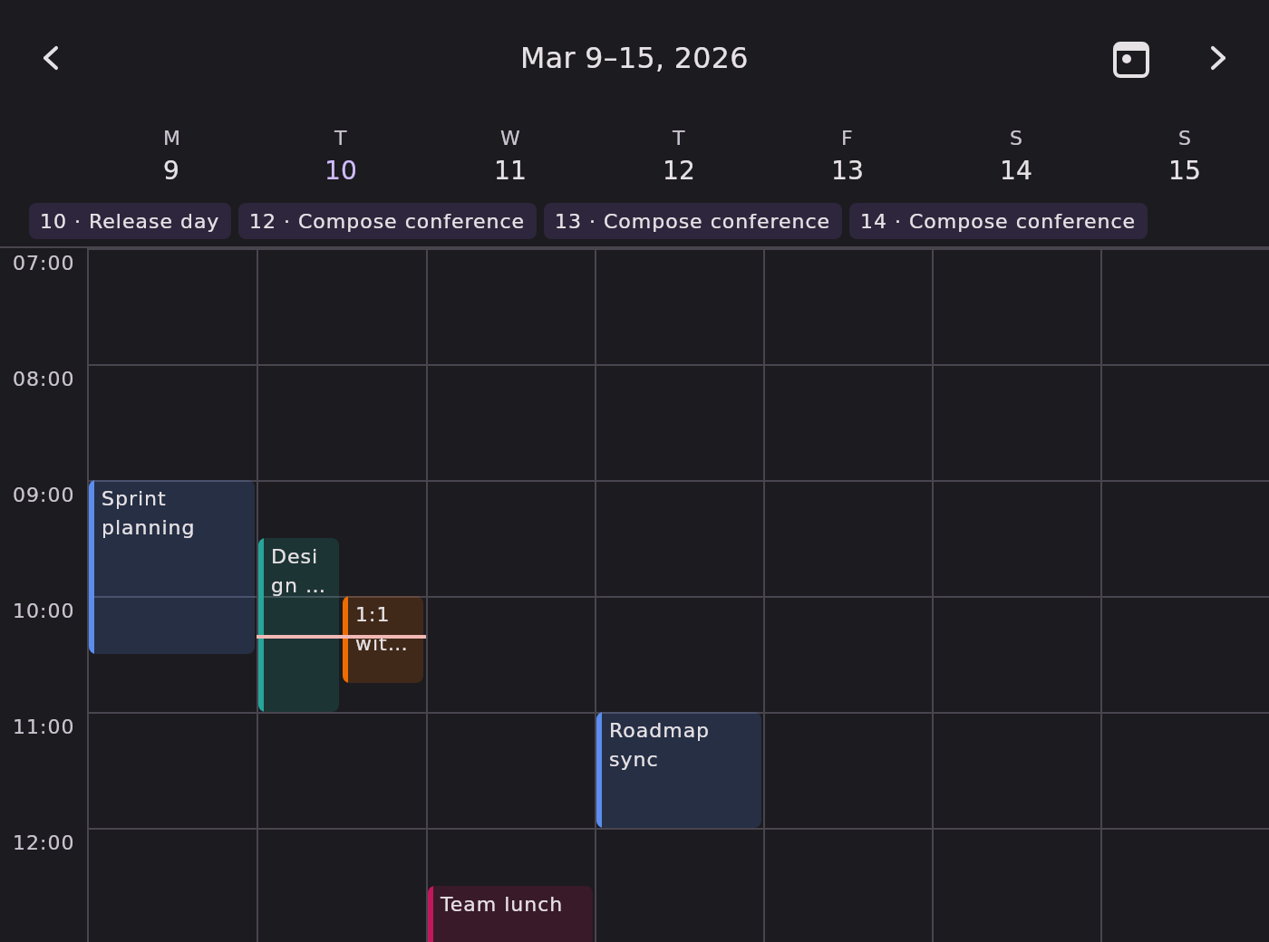 The seven-day time grid for 9–15 March 2026, seven day columns sharing one hour gutter with coloured event blocks.