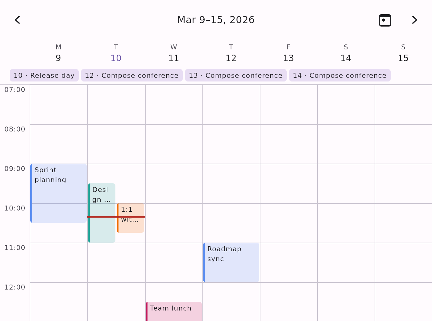 The seven-day time grid for 9–15 March 2026, seven day columns sharing one hour gutter with coloured event blocks.