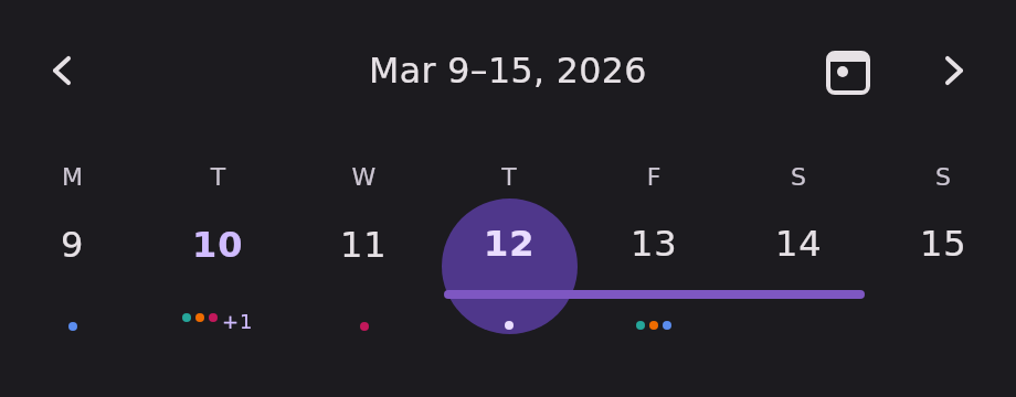 A one-week row for 9–15 March 2026. Thursday the 12th is selected and filled with a circle; four of the seven days carry coloured event dots under their number, and Tuesday the 10th shows three dots followed by a "+1" badge for the events beyond the indicator cap.