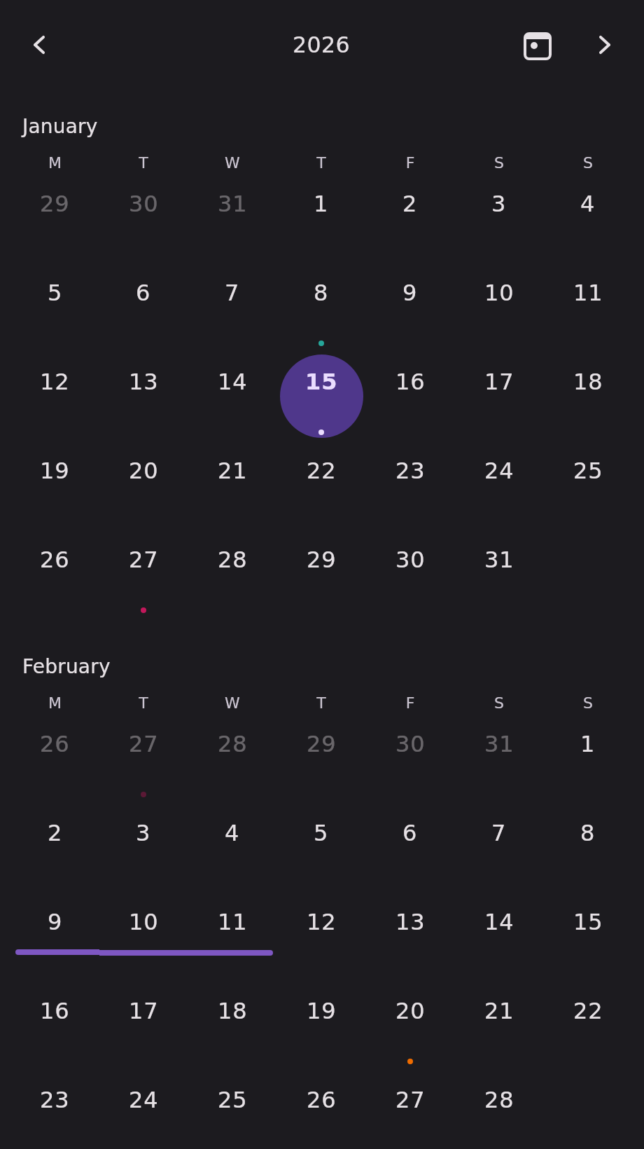 The top of the 2026 year page: the year in the header, then the January and February month grids stacked in one scrolling column. The 15th of January is selected and filled with a circle, several days carry event dots, and a three-day event runs across the 9th to the 11th of February.