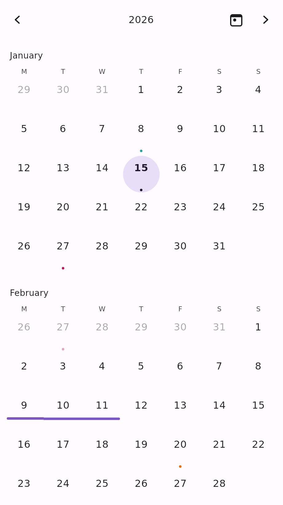 The top of the 2026 year page: the year in the header, then the January and February month grids stacked in one scrolling column. The 15th of January is selected and filled with a circle, several days carry event dots, and a three-day event runs across the 9th to the 11th of February.